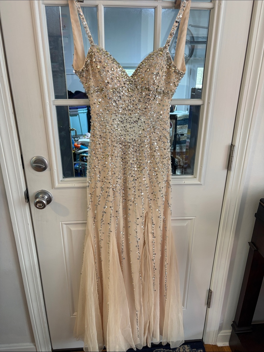 Sean Collection Champagne Beaded Prom Gown